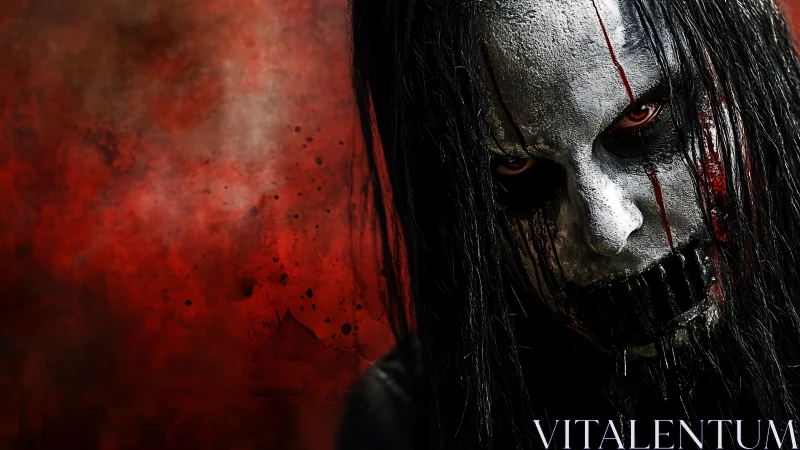 Horror portrait shows bloodstained skull face in shadowed glare.