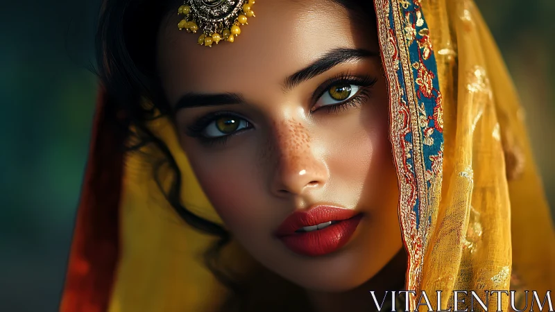 Portrait shows woman in ornate yellow veil with jeweled headpiece