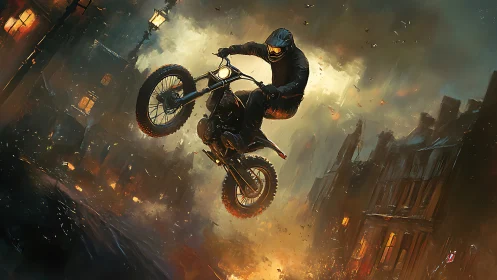 Motorcyclist jumping through fiery urban night scene.