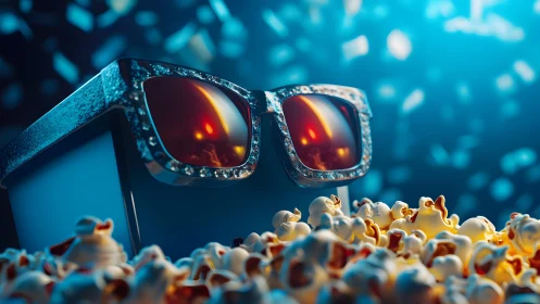 3D Glasses and Popcorn in Cinematic Blue Light, Playful Style.