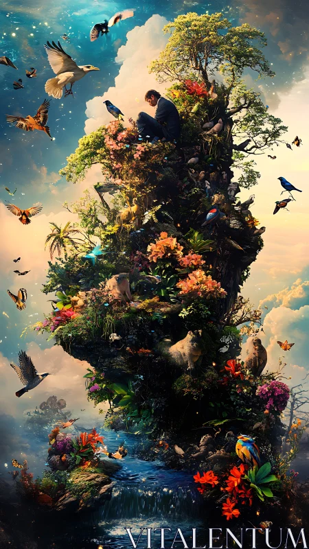 Man on skyrooted isle of birds, blooms, and waking dreams.