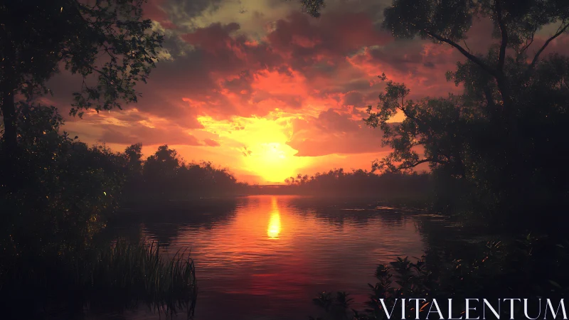 Luminous river sunset framed by dense reflective foliage.