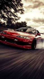 Red sports coupe in controlled high-speed cornering drift.