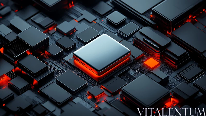 Sleek glowing processor at the heart of a digital city.