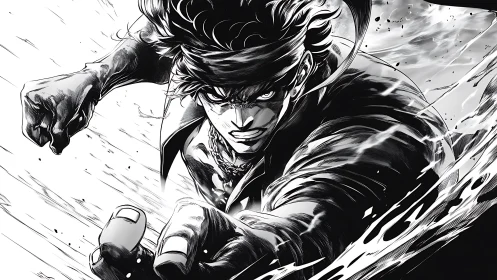 Dynamic manga fighter lunges forward with intense motion