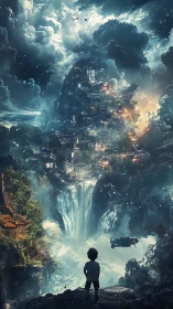 Child gazing at a towering dream city of clouds and waterfalls.