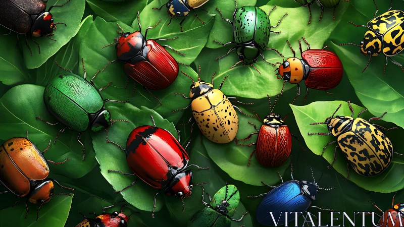 Colorful beetle collection on overlapping green leaves surface.