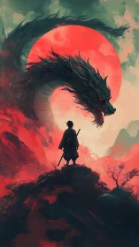 Lone warrior meets a raging dragon beneath a burning moon