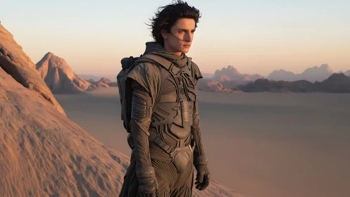 Stargazing wanderer poised above silent desert horizons.