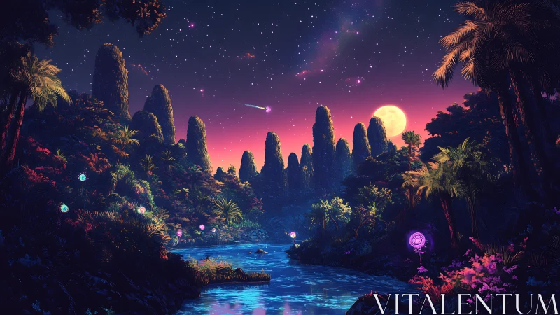 Luminous river valley under starry sky and rising full moon