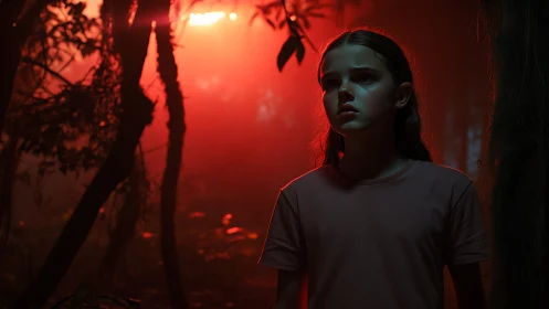 Girl stands in red-lit forest clearing at night