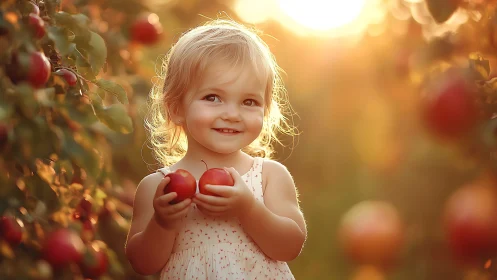 Joyful Orchard Moments: Little Girl's Golden Hour Apple Adventure.