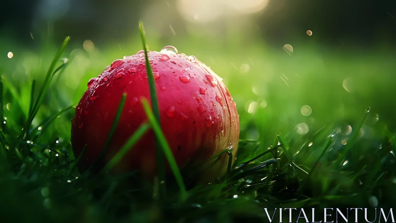 Sunlit dewy apple rests in lush green morning grass