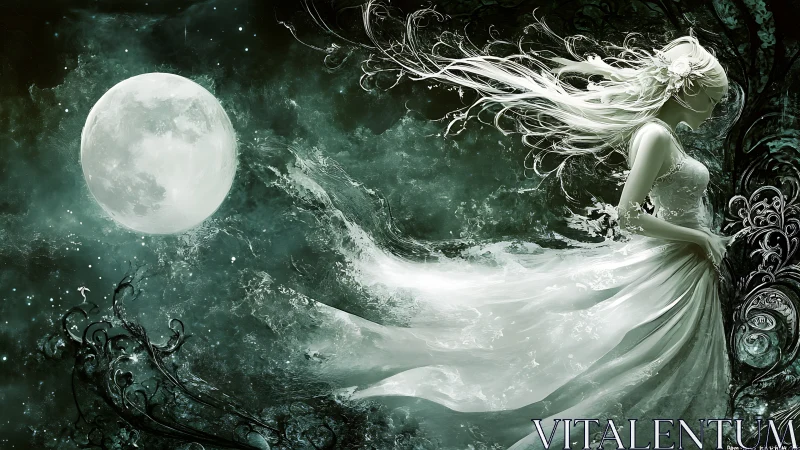 Moonlit spirit bride drifting through luminous storm tides.