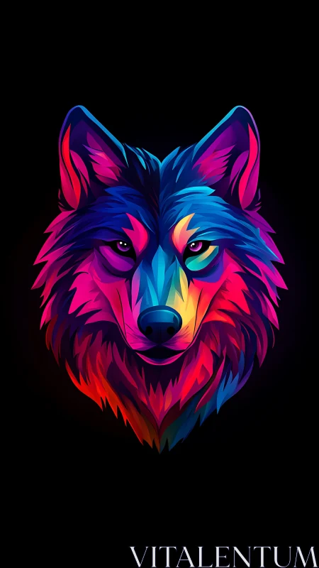 Vivid geometric wolf portrait in neon gradient colors.