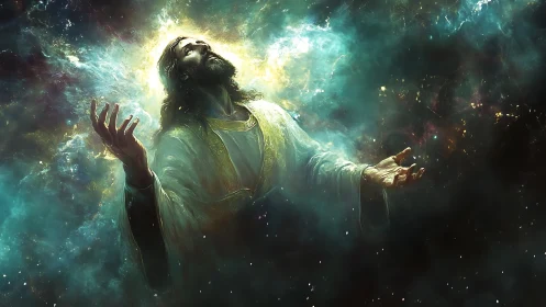 Radiant cosmic figure opening their arms to starlight.