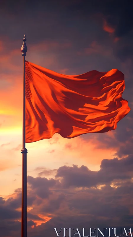 Red flag on tall metal pole against dramatic sunset sky
