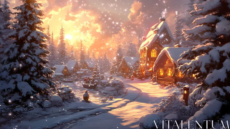 Golden winter sunset wraps a cozy snowy village in warmth