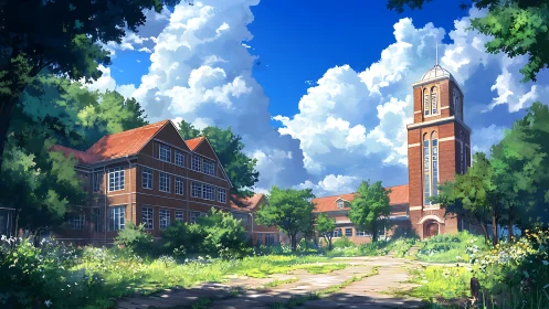 Sunlit brick schoolyard rests beneath towering summer clouds.