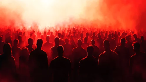 Backlit human crowd silhouettes dissolve into dense red atmospheric haze