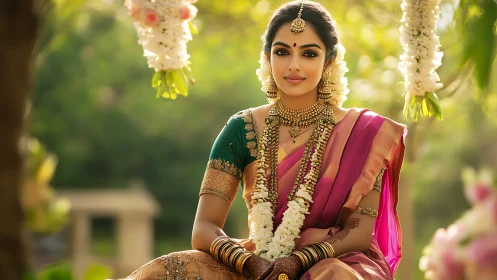 Woman in traditional attire sits outdoors in soft daylight