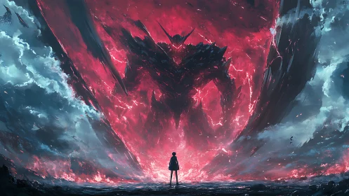 Silhouetted figure confronts colossal fiery demon entity.