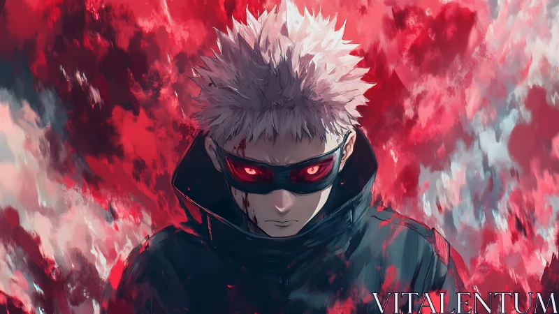 White haired anime figure with red eyes in abstract red field.