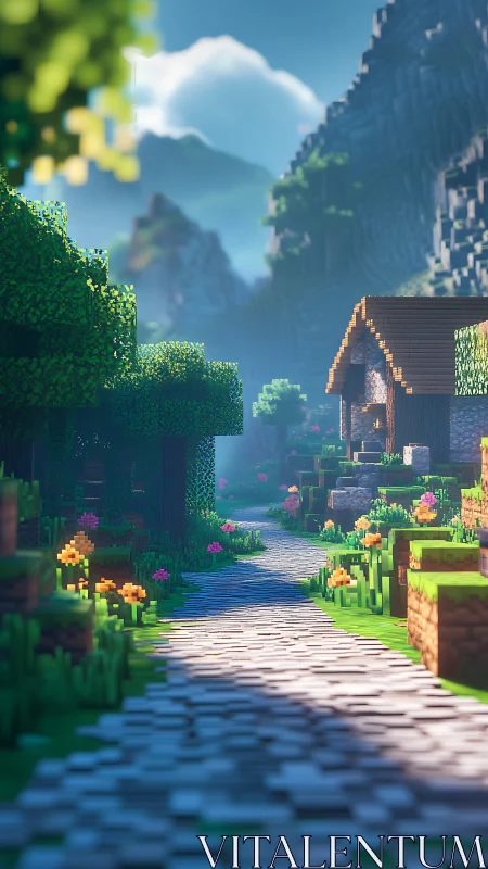 Voxel path extends through trees toward a small house