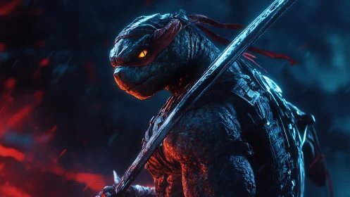 Armored mutant turtle warrior rendered with high-contrast rim lighting