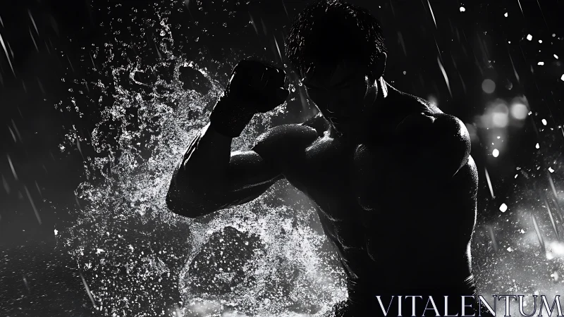 Silhouette fighter striking through rain and exploding water.