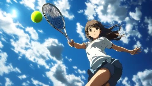 Low-angle anime tennis serve with dynamic foreshortened racket motion