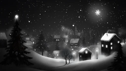 Snowlit village skyline beneath glowing winter stars.