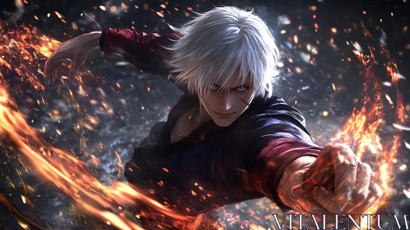 White haired anime fighter unleashes fiery energy attack.
