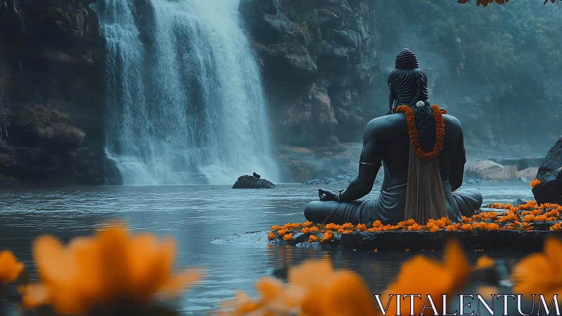 Serene Shiva statue before misty waterfall in blue tones.