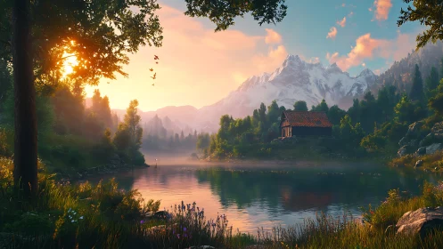 Digital painting alpine lake vista with sunset cabin focus.