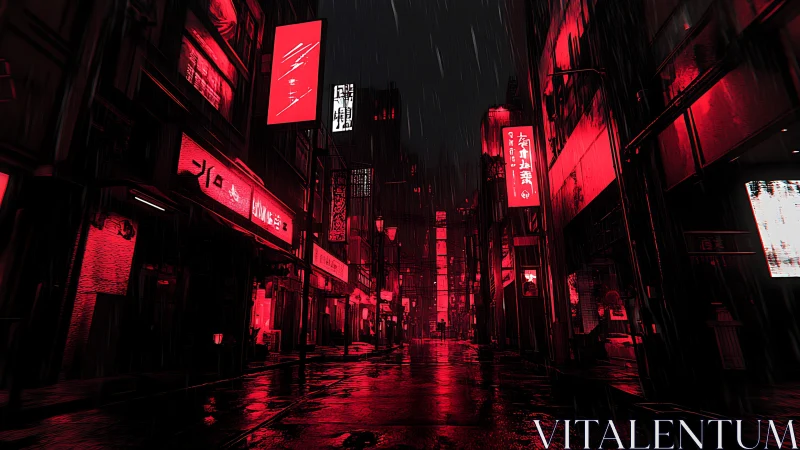 Rainy neon alley with red city lights at night.
