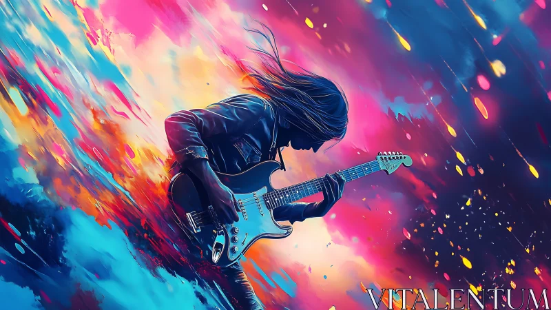 Storm-riding guitarist shredding through neon painted skies.