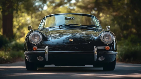 Classic black Porsche coupe stands on shaded forest road
