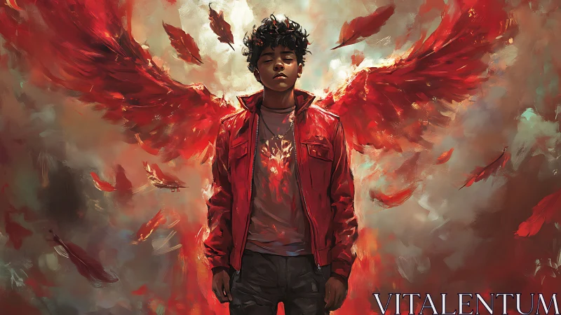 Crimson winged teen blazing through a storm of embers.
