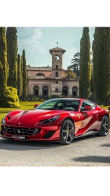 Red Italian supercar gleams before historic villa garden.