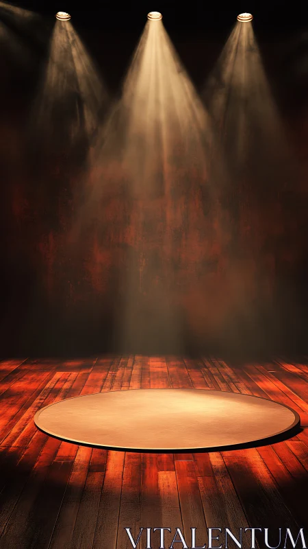 Empty wooden stage circle under warm theatrical spotlights.