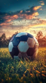 Soccer ball resting on grassy field under sunset sky.