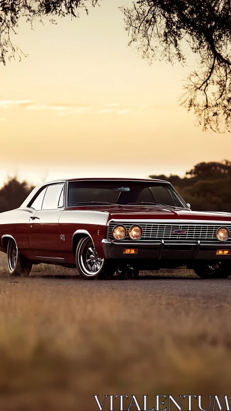 Red classic muscle car parked on rural road at sunset.