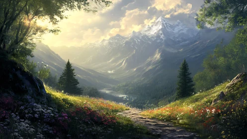 Sunlit mountain valley path wrapped in wildflower splendor.