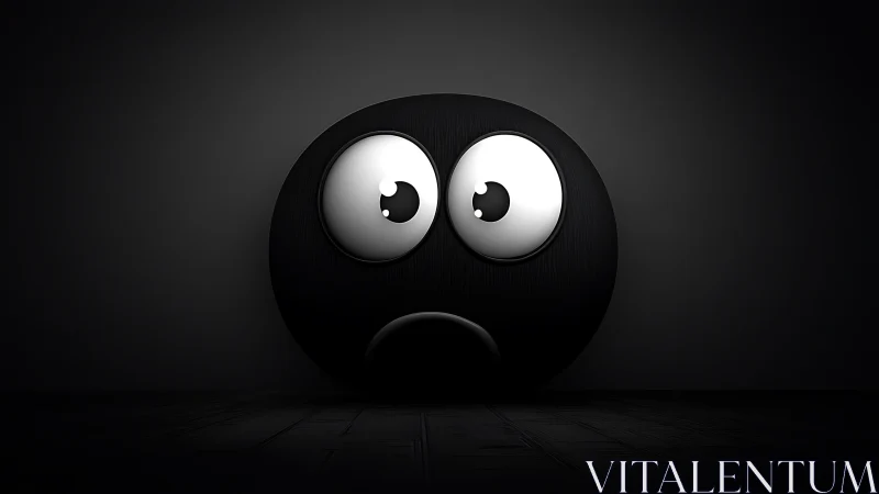 Dark spherical emoji character with sad, worried expression.