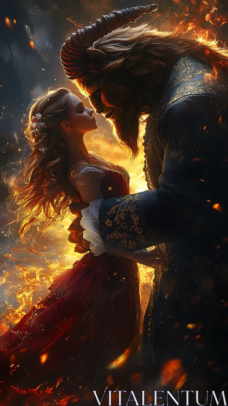 Fiery gothic pas de deux between horned beast and woman.