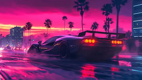 Aerodynamic hypercar in neon-soaked coastal boulevard dusk.