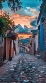 Cobblestone dusk alleyway drinking in sherbet skies.