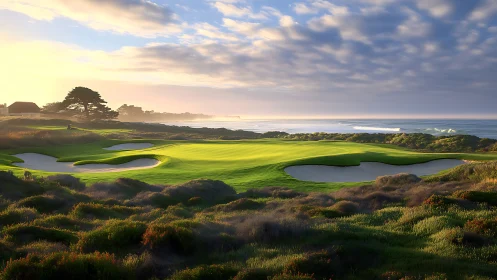 Coastal golf green with sand bunkers at sunset light.
