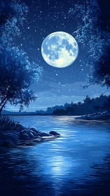 Moonlit river glows beneath a star-filled indigo night sky